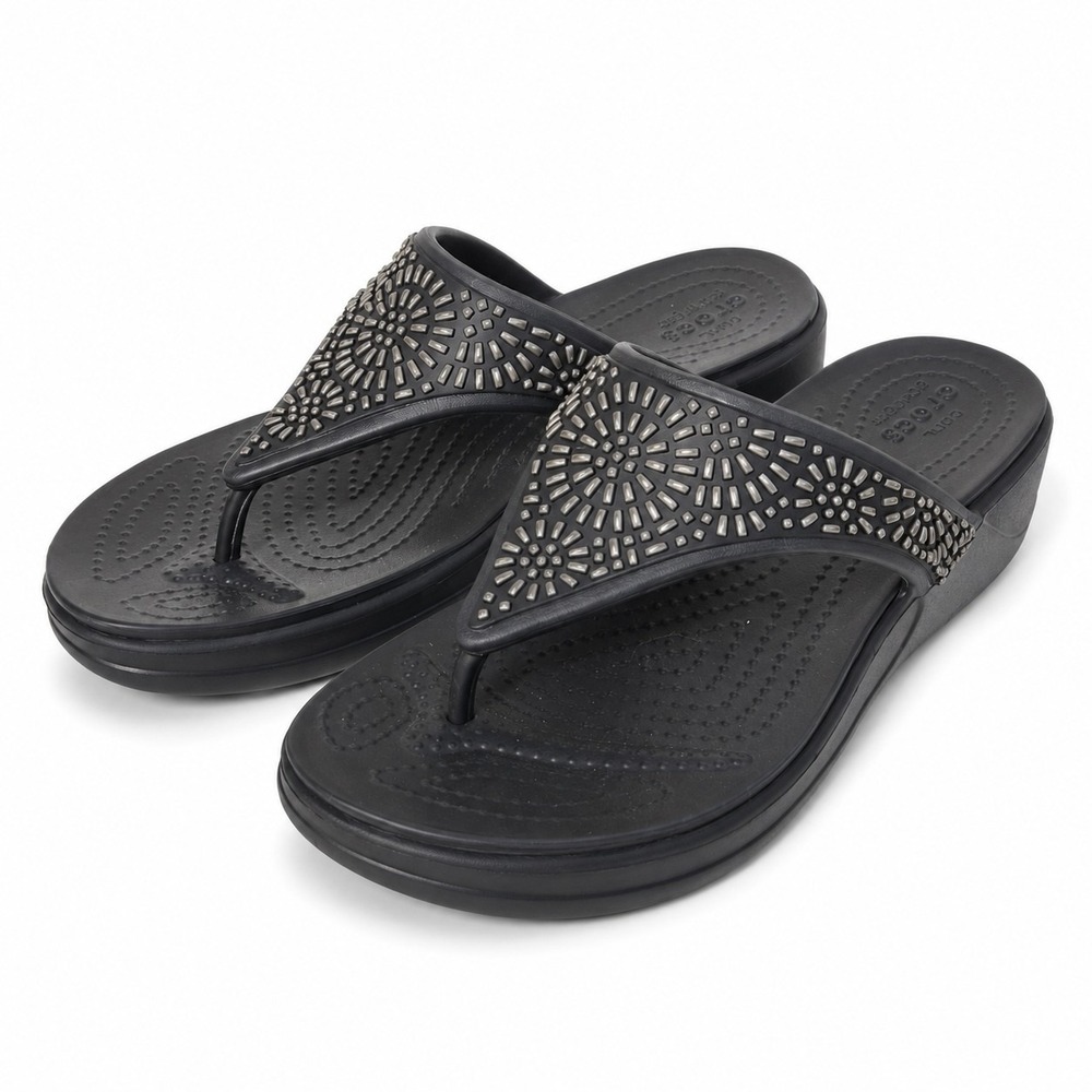 CROCS Black Embellished Wedge Flip Sandals